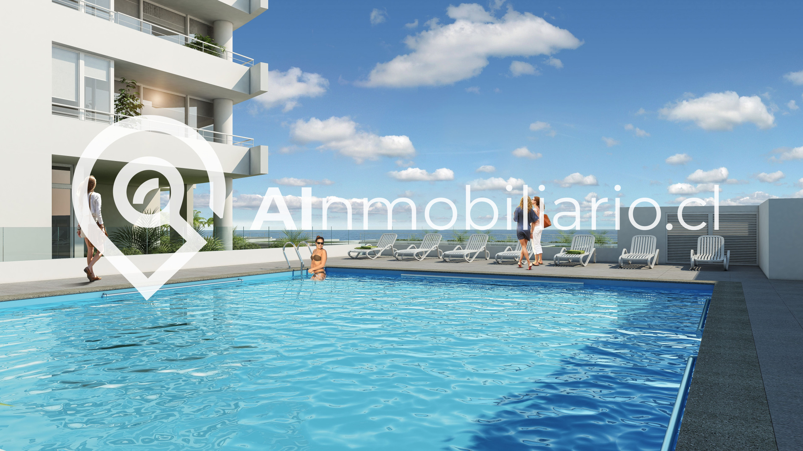 Vista hacia la piscina de los departamentos en Iquique